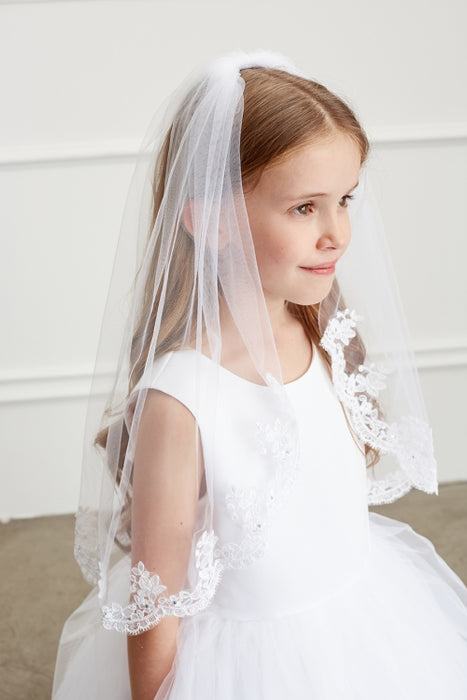 Rosemary First Communion Veil with Comb & Floral Scalloped Lace & Rhinestone Trim