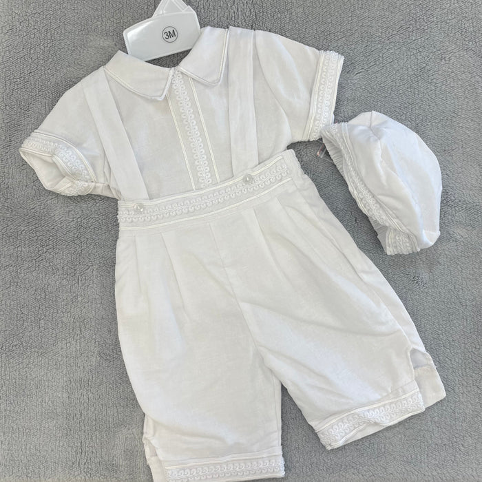 Baby Boys Short Sleeve Satin Trim Baptism Overalls w/ Button Down Shirt & Matching Cap