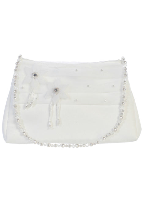 Special Occasion Flower Girl and Communion Purse- White Satin 2 Flower with Pearl Handle