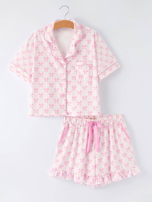 Rylee Faith Designs - Mommy & Me Pink Bow Print Ruffle Pajama Set: 5 / KIDS