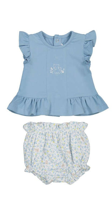 Blue Cat Short Sleeve with White Flower Bloomers Set