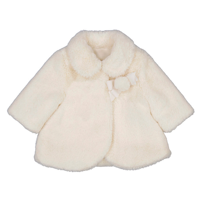 Infants’ Ivory Faux Fur Coat with Velvet Ribbon & Pompom Accent