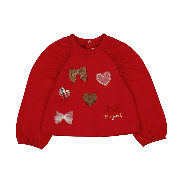 Red Ruched Sleeve Heart Appliqué Sweater w/ Almond Heathered Leggings