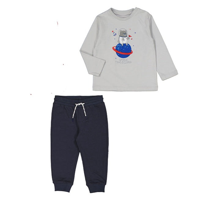 Space Traveling Bear Gray Long Sleeved Tee & Navy Blue Joggers Set