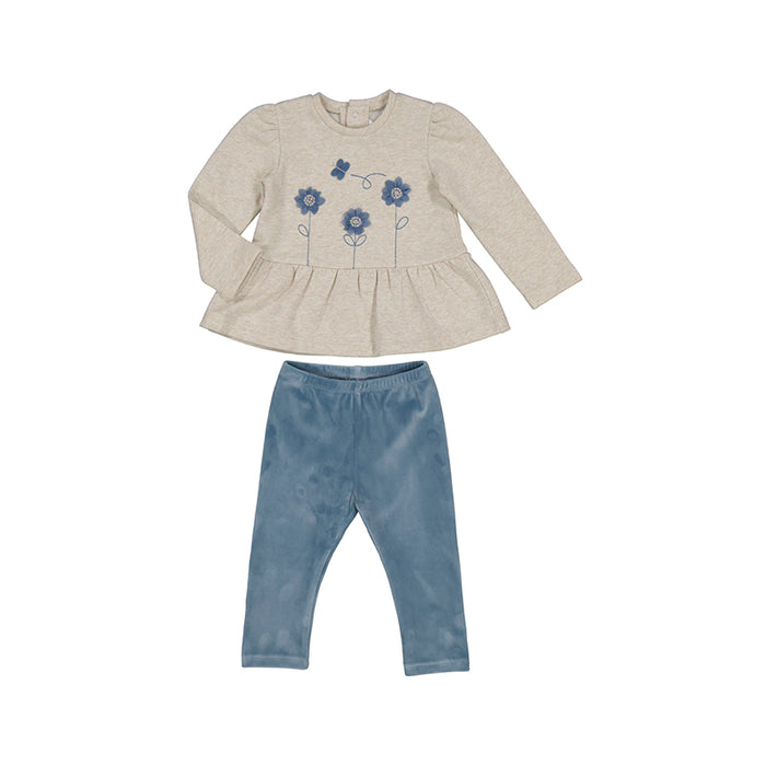 Oatmeal Heather Glittery Long Sleeve Peplum Top with Embroidery & Floral Appliqué and Matching Blue Velour Leggings