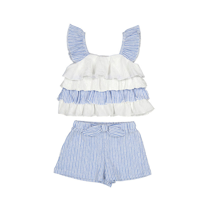 Indigo Blue & White Striped Ruffled Top & Shorts Set