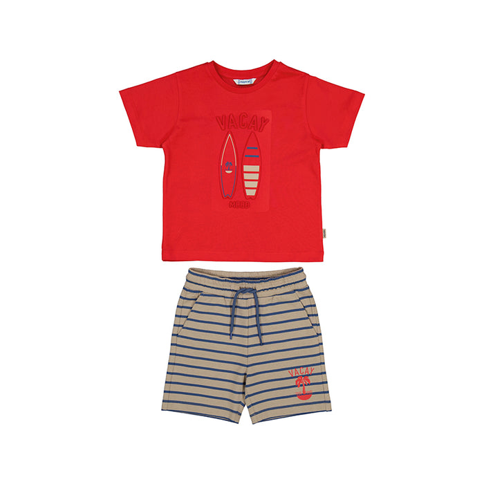 Mayoral Nautical Vacay Red, Beige & Blue Surf T-shirt & Striped Shorts Set