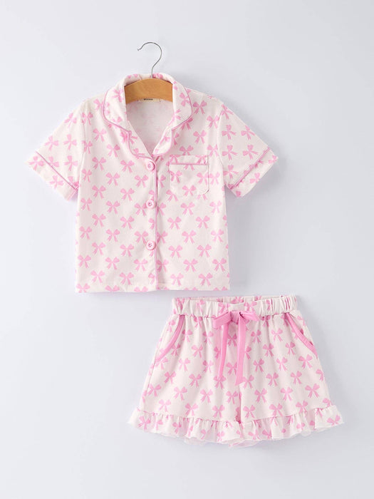 Rylee Faith Designs - Mommy & Me Pink Bow Print Ruffle Pajama Set: S / MOM