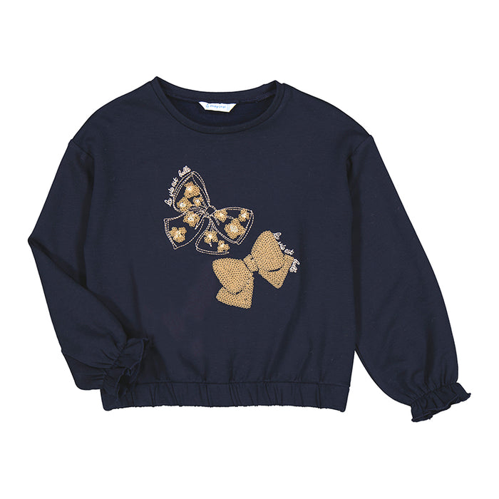 Girls’ Navy Blue Pullover Sweater with Gold Bow Appliqué & Sequins