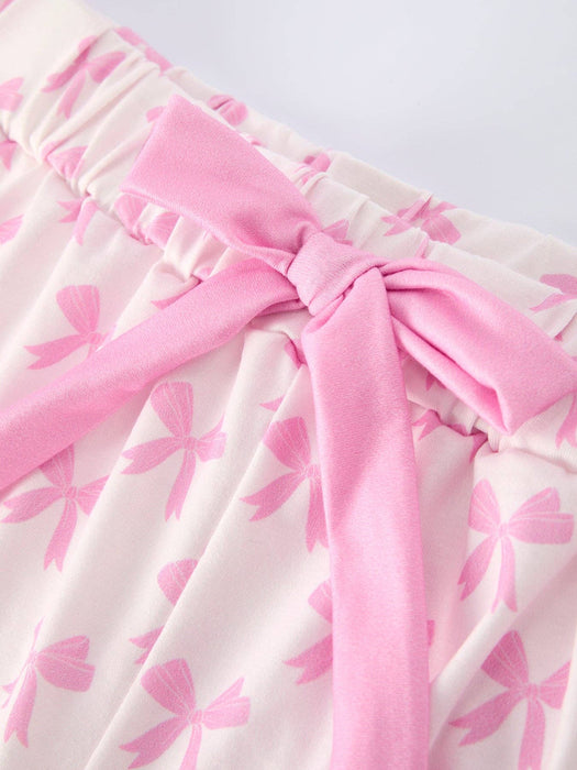 Rylee Faith Designs - Mommy & Me Pink Bow Print Ruffle Pajama Set: M / MOM