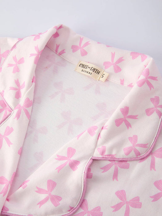Rylee Faith Designs - Mommy & Me Pink Bow Print Ruffle Pajama Set: S / MOM