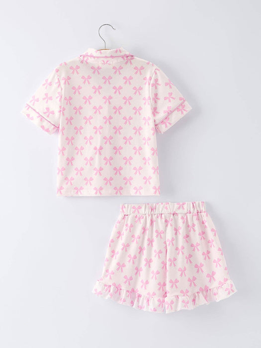 Rylee Faith Designs - Mommy & Me Pink Bow Print Ruffle Pajama Set: 5 / KIDS