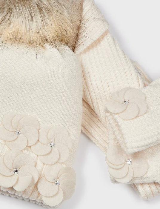 Winter Ivory Girls’ Scarf, PomPom Hat & Mittens Set