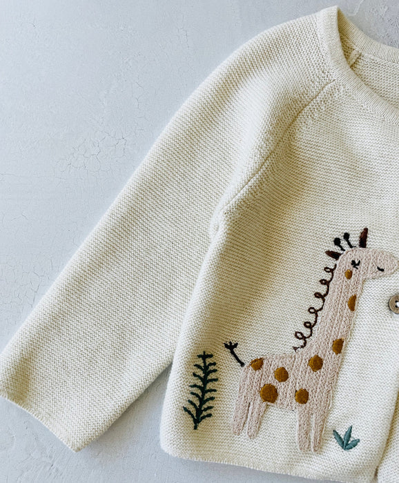 Viverano Organic Cotton Animal Safari Embroidered Baby Cardigan Sweater in Natural