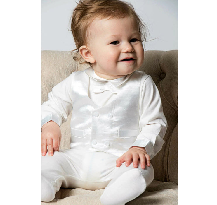 Carriage Boutique Baby Boy Ivory Formal Cotton & Satin Vest Footie + Matching Hat