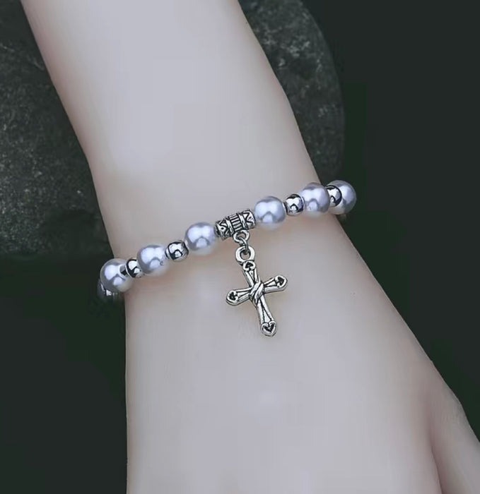 Faux Pearl Beaded Bracelet with Silver Cross Charm