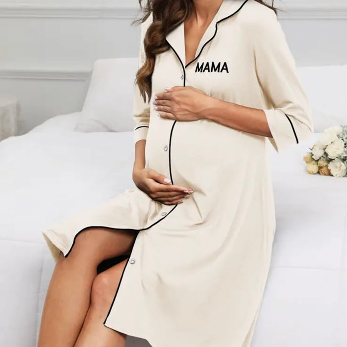 Beige Maternity Embroidered Mama Nightshirt with Contrast Stitching