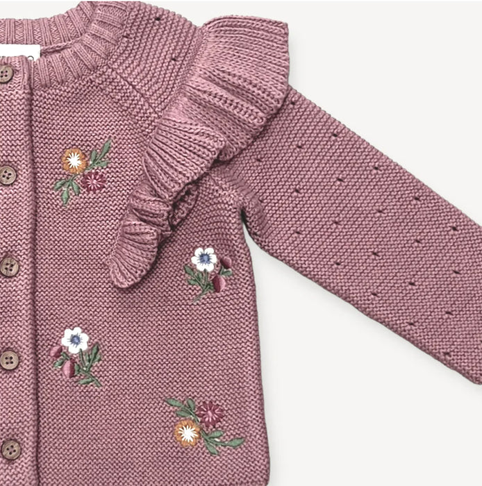 Viverano Organic Cotton Floral Embroidered Ruffle Chunky Knit Baby Cardigan in Vintage Rose