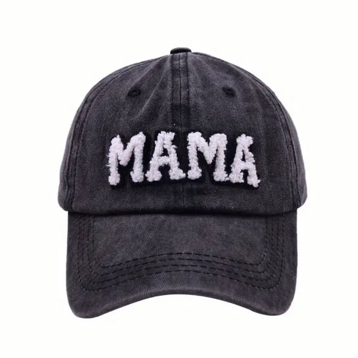 Women’s Fuzzy “Mama” Patch Adjustable Baseball Cap- Distressed Washed Black
