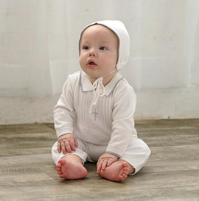 Carriage Boutique Baby Boy White Knit Silver Cross Romper