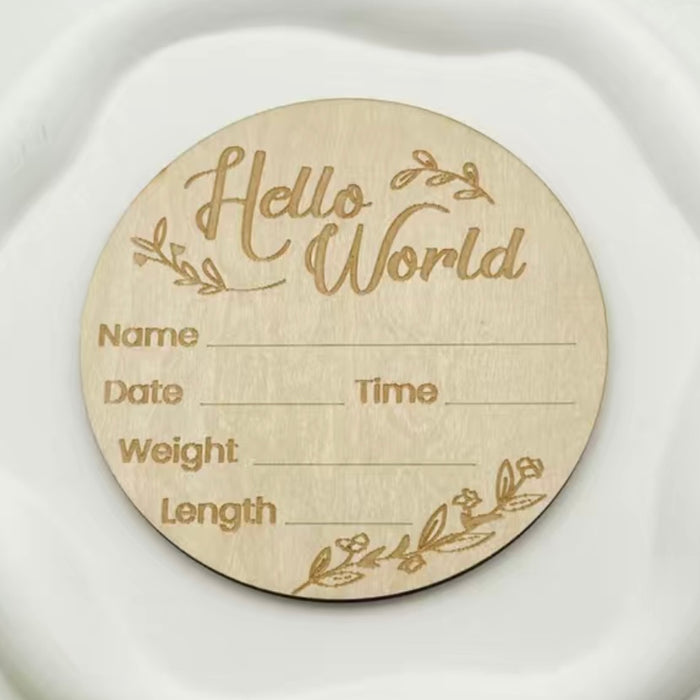 Floral Engraved Round Wood Slice Keepsake Birth Announcement