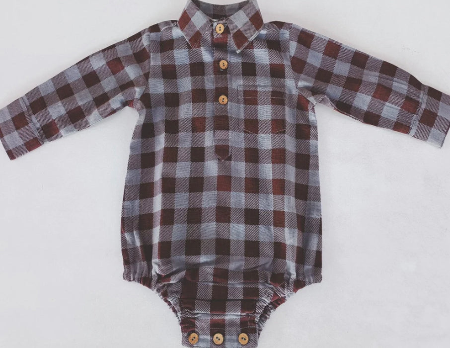 Infants’ Burgundy Checkered Print Long Sleeve Baby Romper