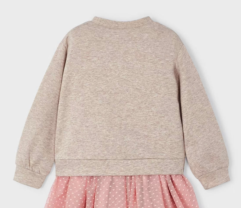 Taupe Glitter Bloom Knotted Front Owl Sweater & Blush Tulle Skirt Set