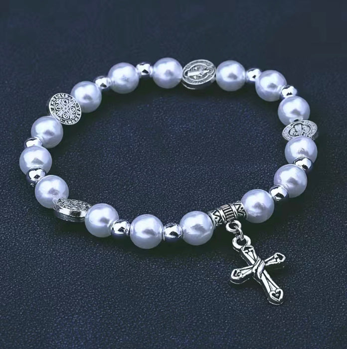 Faux Pearl Beaded Bracelet with Silver Cross Charm