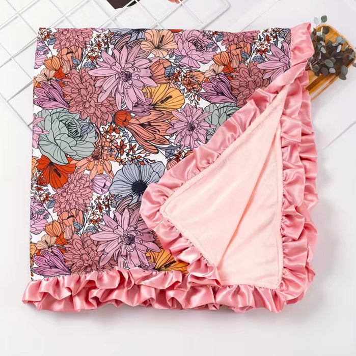 Colorful Floral Print Satin Ruffle Trim Blanket