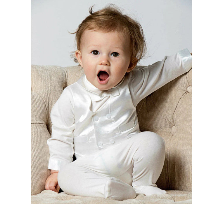 Carriage Boutique Baby Boy Ivory Formal Cotton & Satin Vest Footie + Matching Hat
