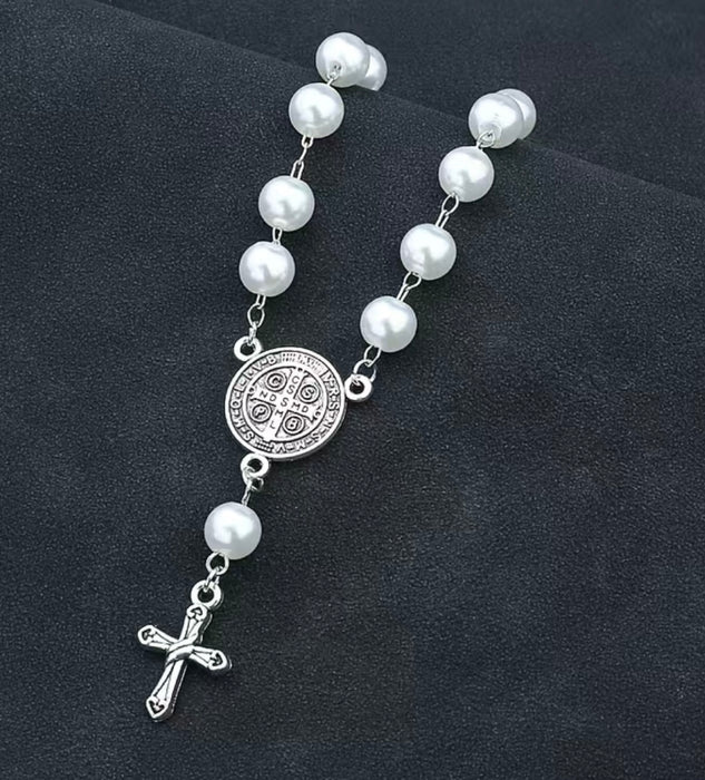 Faux Pearl Rosary Beads with Silver Cross Charm Bracelet