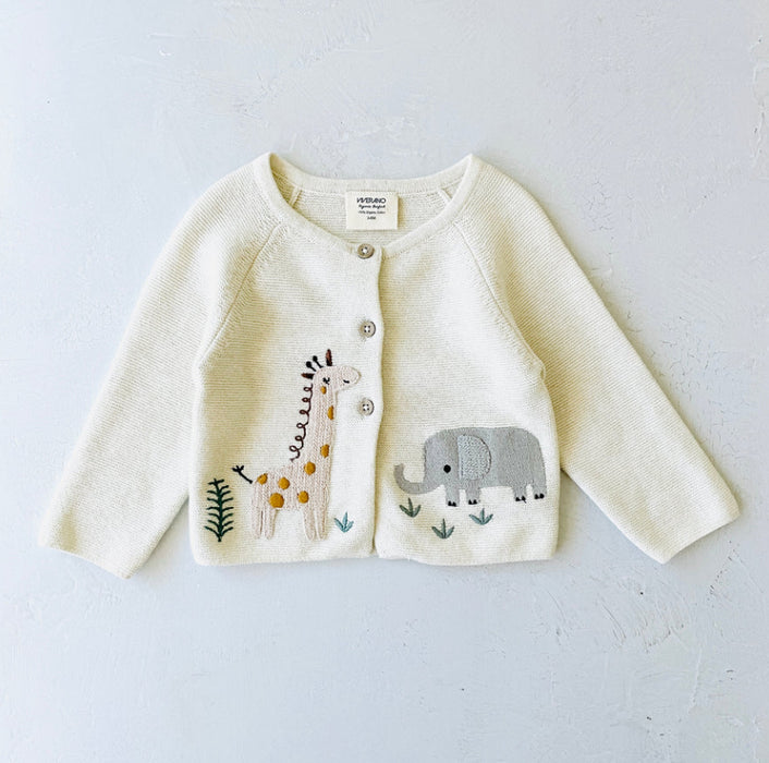 Viverano Organic Cotton Animal Safari Embroidered Baby Cardigan Sweater in Natural