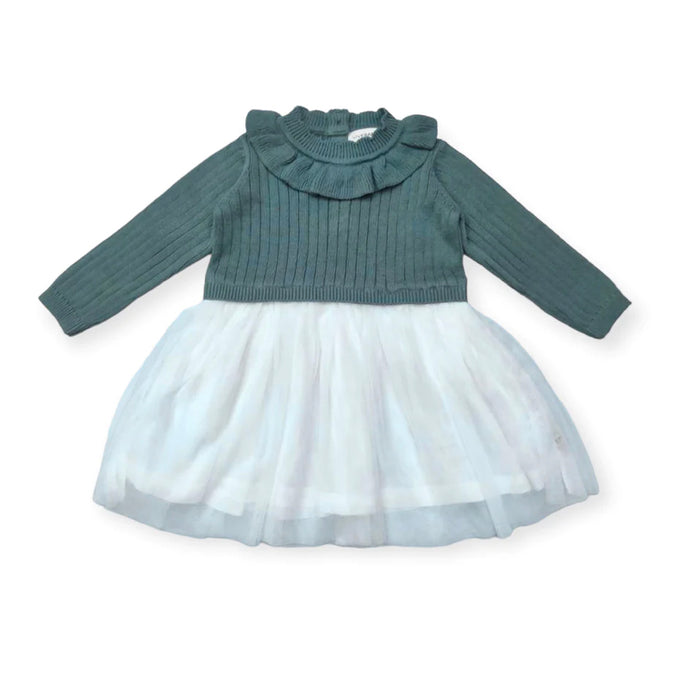 Viverano Organic Cotton Sweater Knit Top & Tutu Combo Baby Dress in Teal Blue Floral