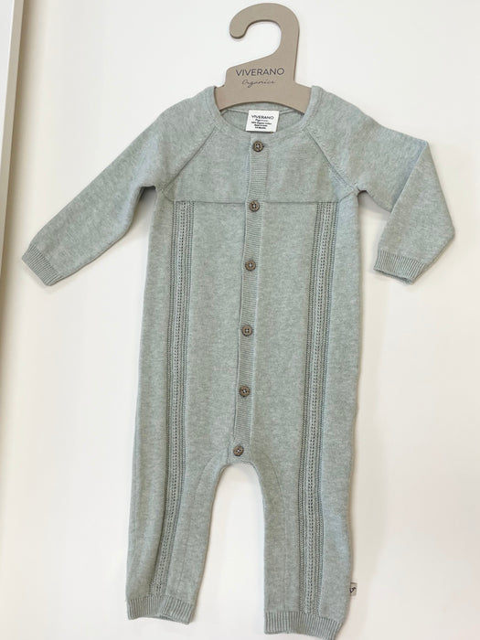 Viverano Organic Cotton Pointelle Cable-Knit Baby Jumpsuit in Sage Heather