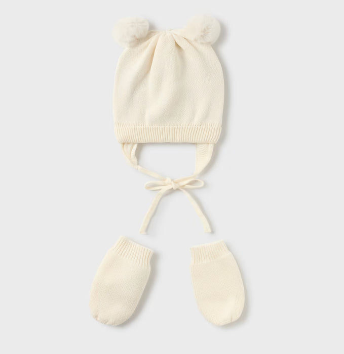 Infants’ 100% Cotton Ivory Knit PomPom Hat & Mittens Set