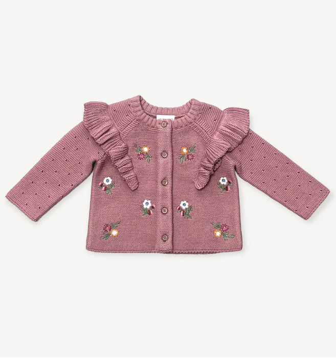 Viverano Organic Cotton Floral Embroidered Ruffle Chunky Knit Baby Cardigan in Vintage Rose