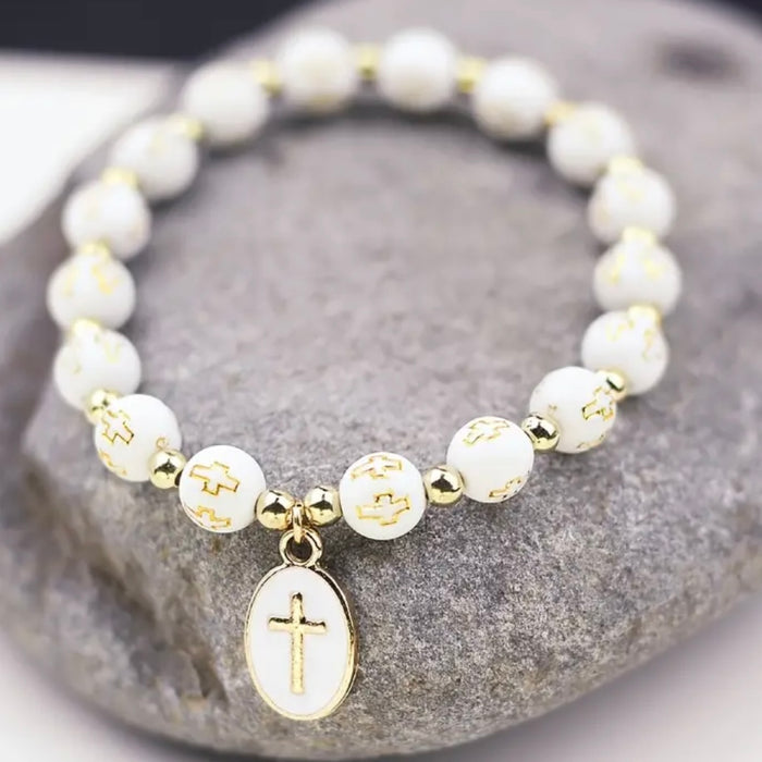 Enamel Oval Charm Elastic Stretch Cross Pendant Bracelet Communion Gift