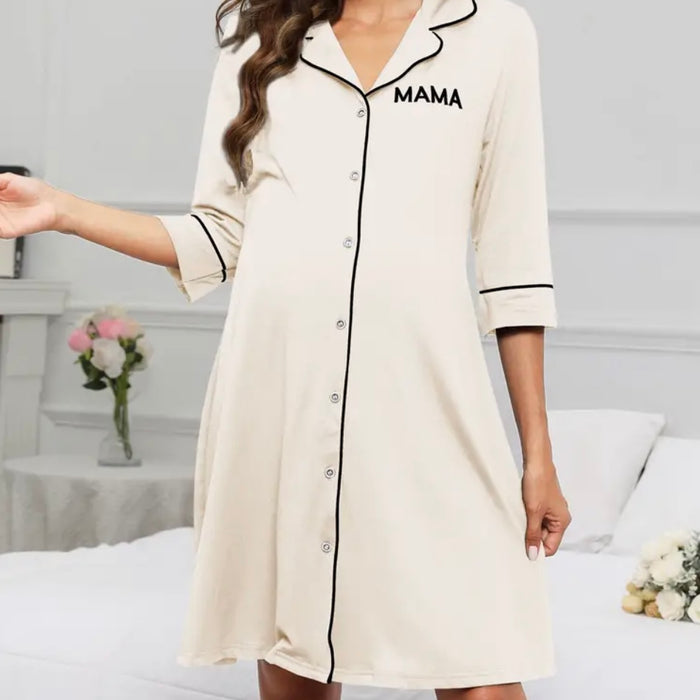 Beige Maternity Embroidered Mama Nightshirt with Contrast Stitching