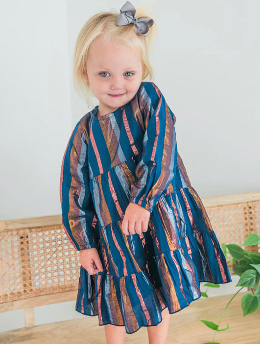 Infants’ Holiday Shimmer Navy Striped Ruffled Dress with Matching Bloomers