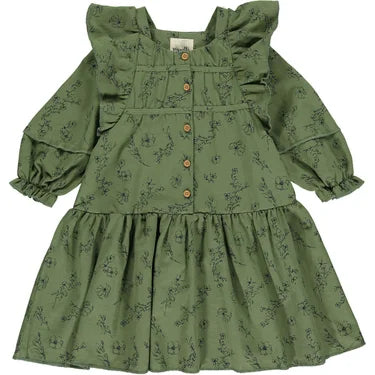 Aretha Long Sleeve Ruffled 100% Cotton Dress in Green Floral Print