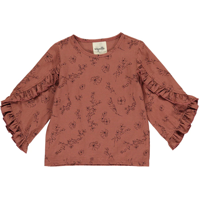 Lola Long Sleeve 100% Cotton Ruffled Blouse in Rust Floral Print