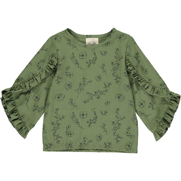 Lola Long Sleeve 100% Cotton Ruffled Blouse in Green Floral Print