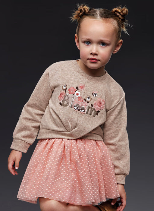 Taupe Glitter Bloom Knotted Front Owl Sweater & Blush Tulle Skirt Set