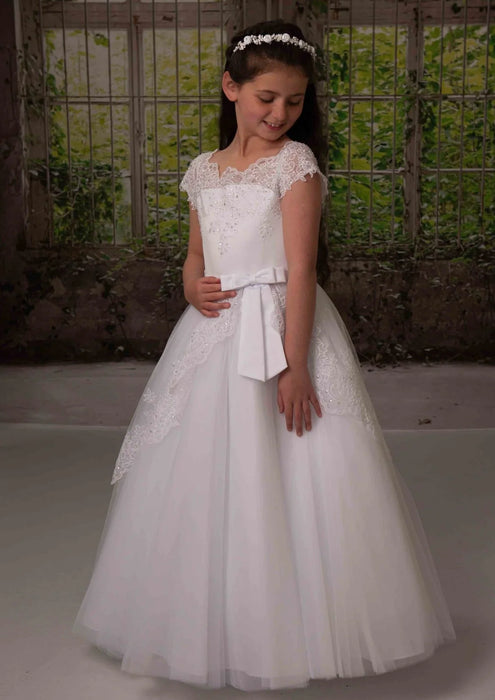 Bianca Communion Gown with Beaded Lace Bodice & Bow