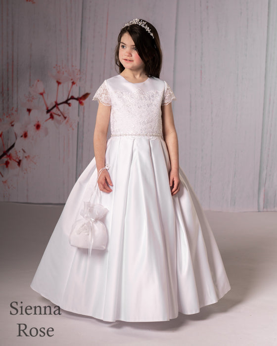 Gloria Satin Communion Gown with Lace Cap Sleeves & Rhinestone Belt