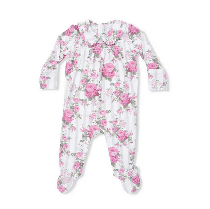 Cabbage Rose Stripe Smocked Peter Pan Snap Footie