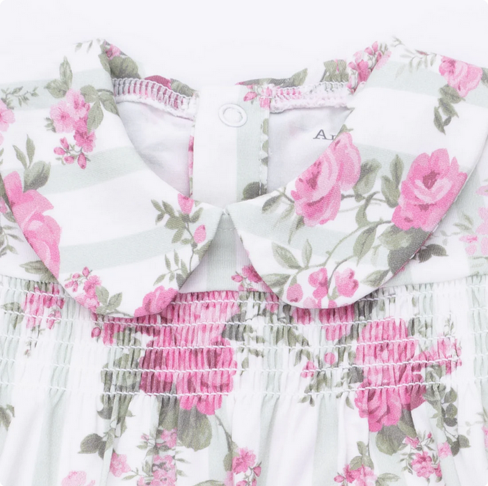 Cabbage Rose Stripe Smocked Peter Pan Snap Footie