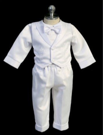 Baby Boys Long Sleeve Satin 3pc Baptism Outfit with Cross Embroidered Vest and Matching Cap
