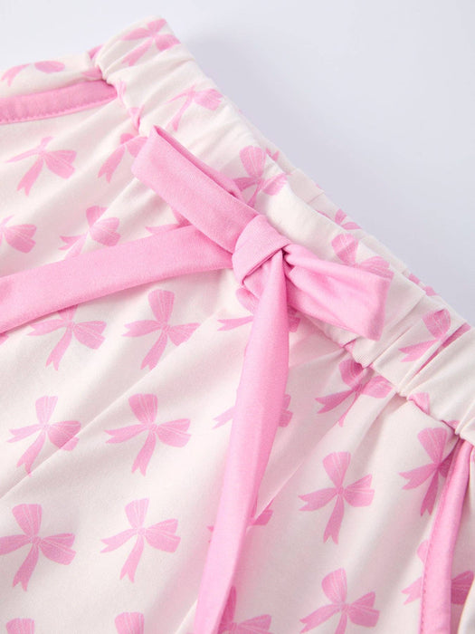 Rylee Faith Designs - Mommy & Me Pink Bow Print Ruffle Pajama Set: S / MOM