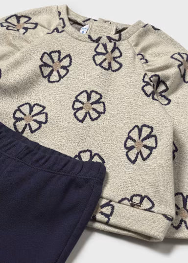 Flower Pullover Sweater With Navy Leggings Set
